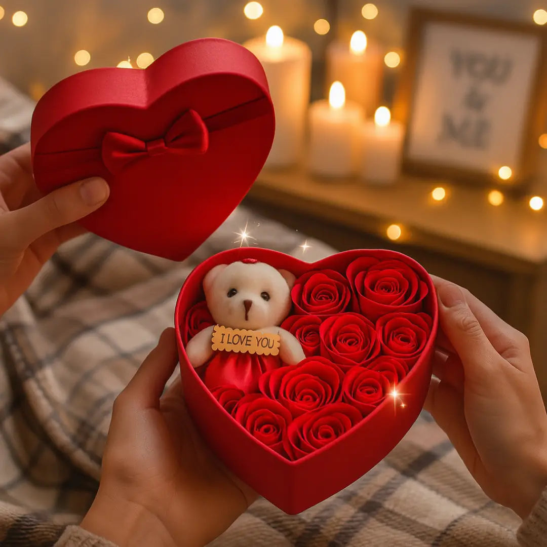 Geschenkdoos Hartvormig – Met Teddybeer en Eeuwige Rozen – 20 cm