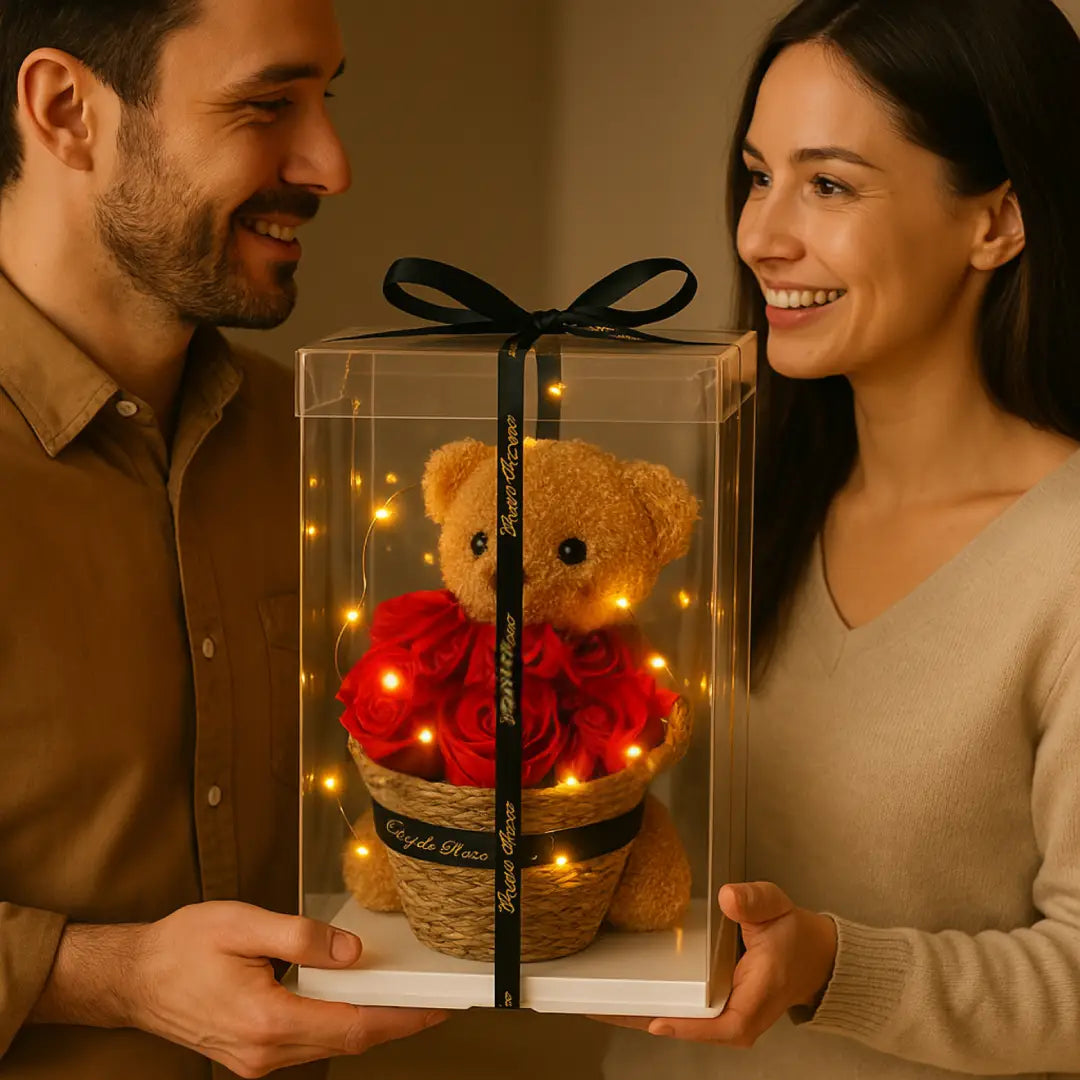 Teddybeer met Eeuwige Rozen Cadeaumand – 25 cm – Romantisch Geschenk