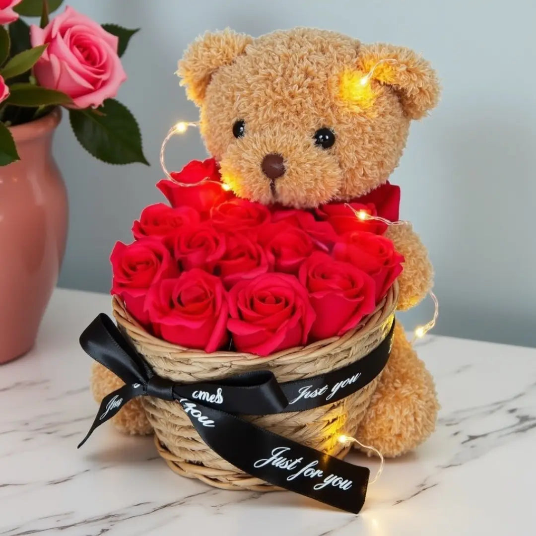 Teddybeer met Eeuwige Rozen Cadeaumand – 25 cm – Romantisch Geschenk