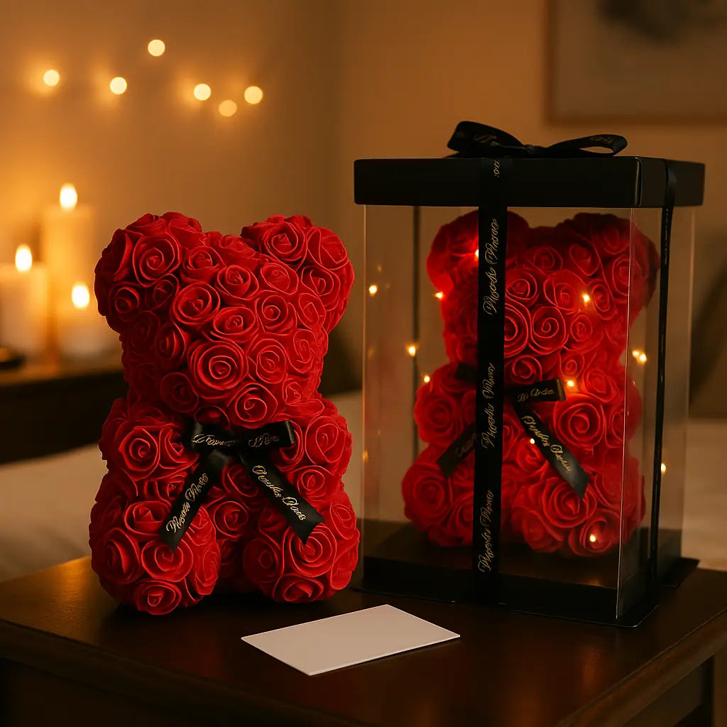 Rozenbeer 25 cm - Met LED Verlichting en Cadeaubox - Eeuwige Rozen