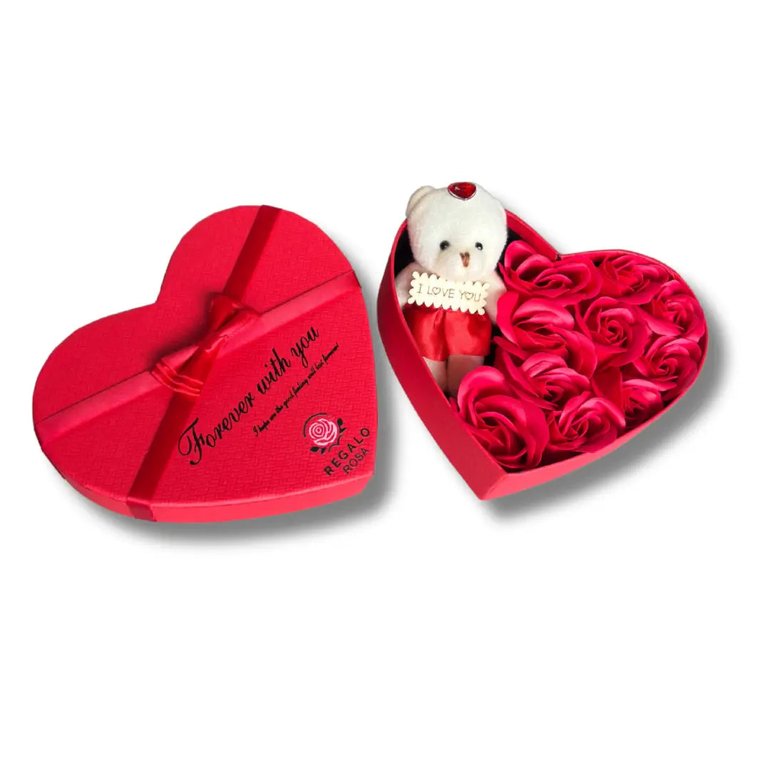Geschenkdoos Hartvormig – Met Teddybeer en Eeuwige Rozen – 20 cm