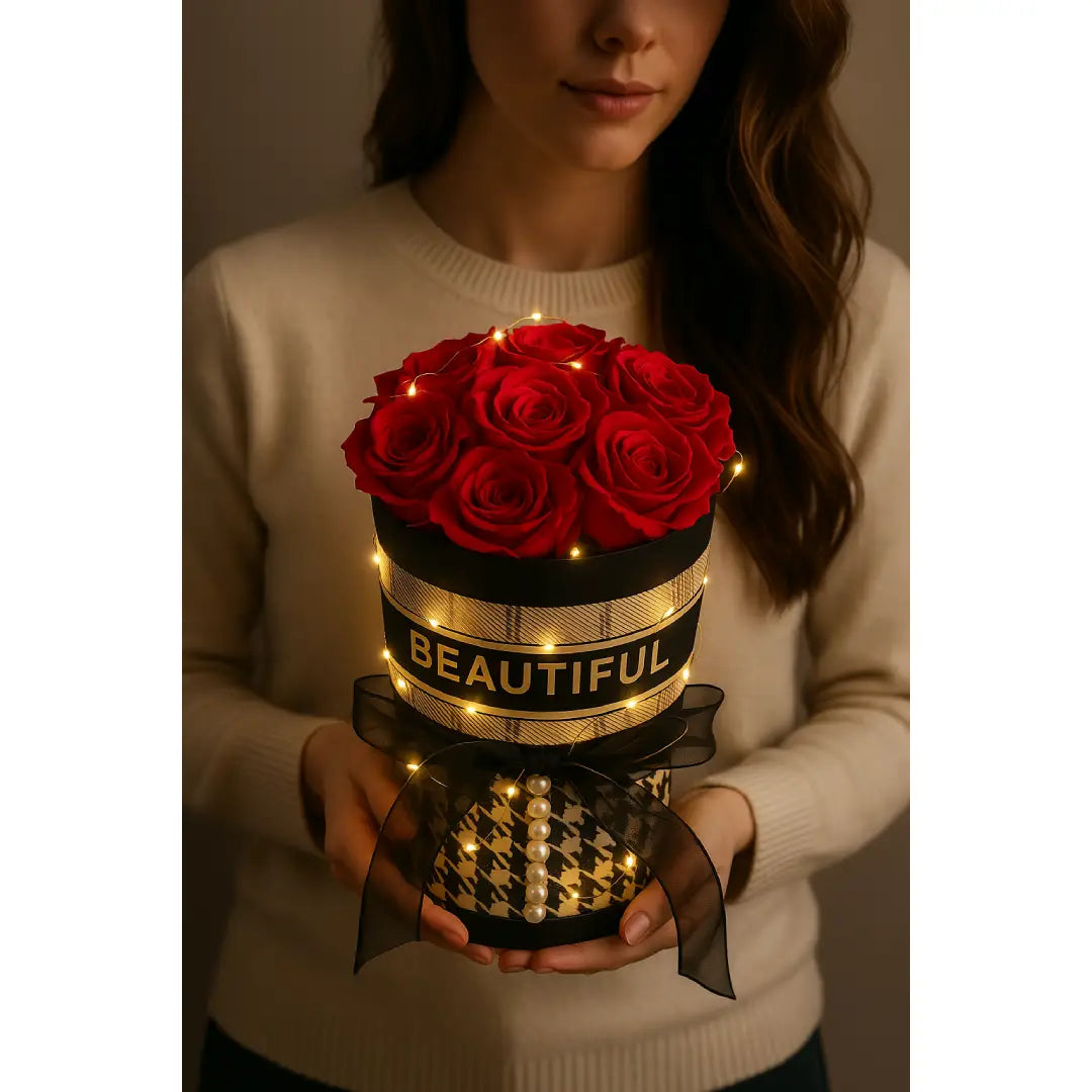 Rozen Boeket met LED Verlichting – In Geschenkverpakking – Eeuwige Rozen – 25 cm
