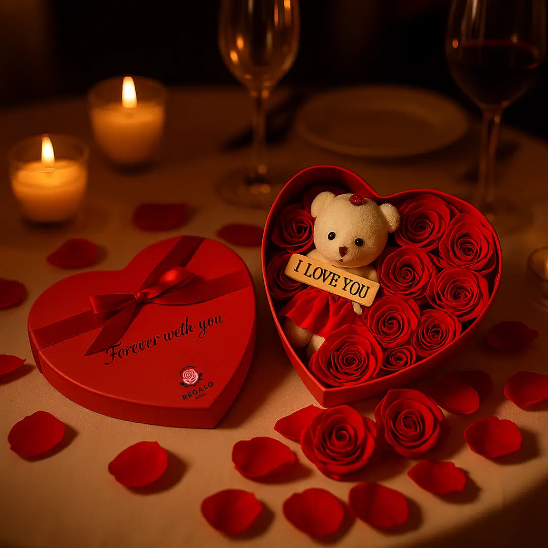 Geschenkdoos Hartvormig – Met Teddybeer en Eeuwige Rozen – 20 cm