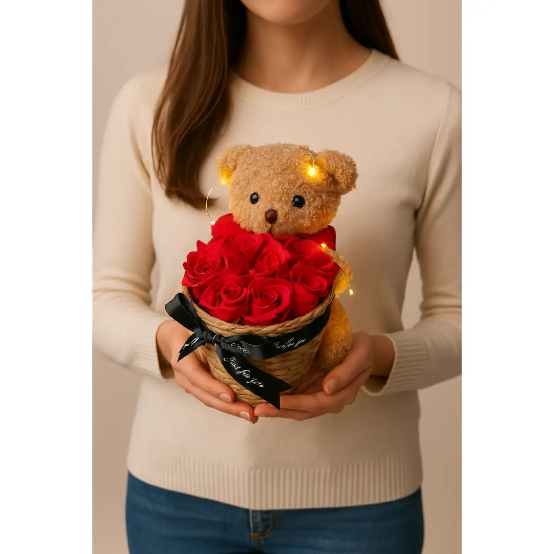 Teddybeer met Eeuwige Rozen Cadeaumand – 25 cm – Romantisch Geschenk