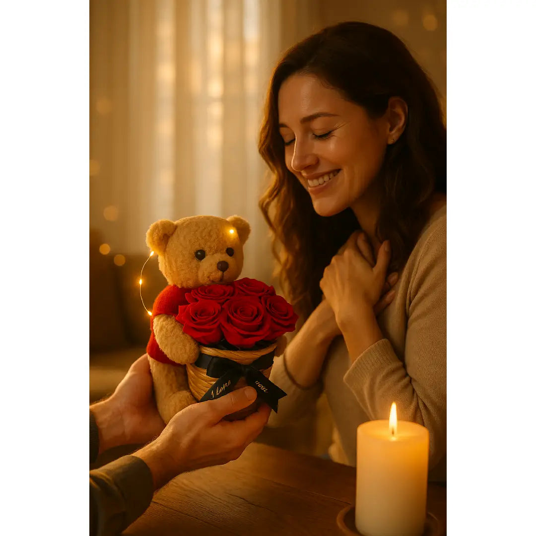 Teddybeer met Eeuwige Rozen Cadeaumand – 25 cm – Romantisch Geschenk