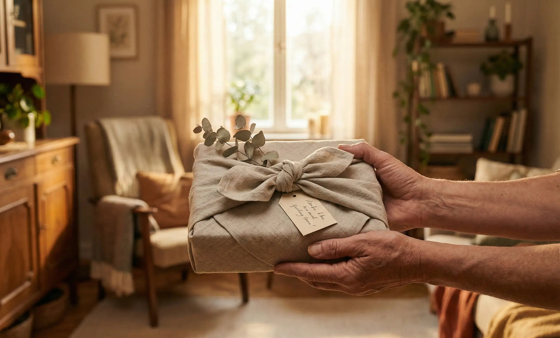 Duurzaam ingepakt cadeau met linnen doek en eucalyptus, overhandigd in warme woonkamer met natuurlijk licht