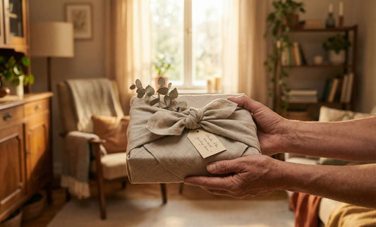 Duurzaam ingepakt cadeau met linnen doek en eucalyptus, overhandigd in warme woonkamer met natuurlijk licht