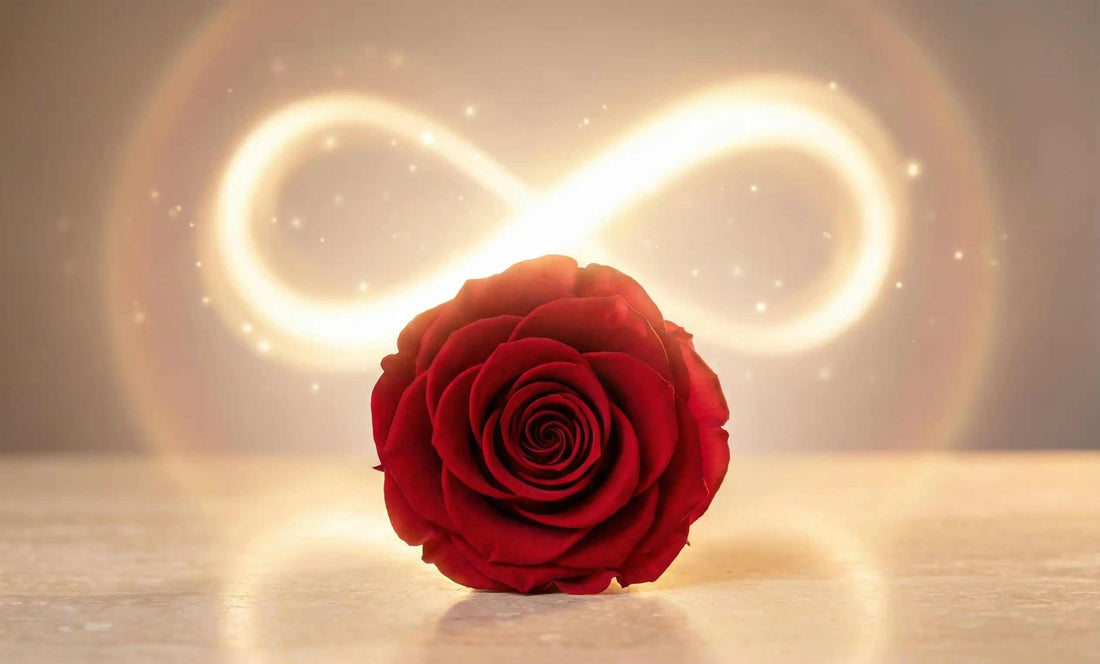 Rode eeuwige roos voor duurzaam en langdurig romantisch cadeau met oneindigheidssymbool op achtergrond