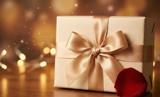 Luxe cadeauverpakking met goudkleurige strik en rood rozenblaadje als persoonlijk cadeau idee, sfeervol gefotografeerd op houten tafel met warme lichtjes op de achtergrond.