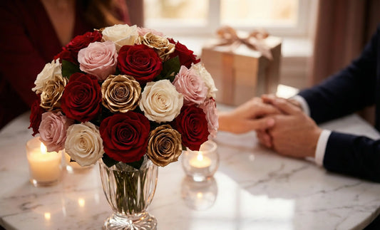 Glazen vaas met rode, witte, roze en gouden rozen op een marmeren tafel, met kaarslicht en een stel dat elkaars handen vasthoudt op de achtergrond.