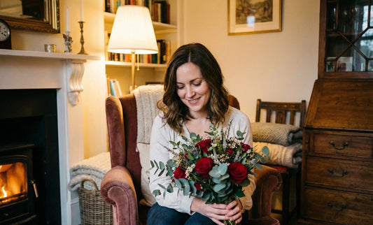 Vrouw zit glimlachend in een fauteuil bij een open haard en houdt een boeket met rode rozen en eucalyptus vast in een gezellige woonkamer.
