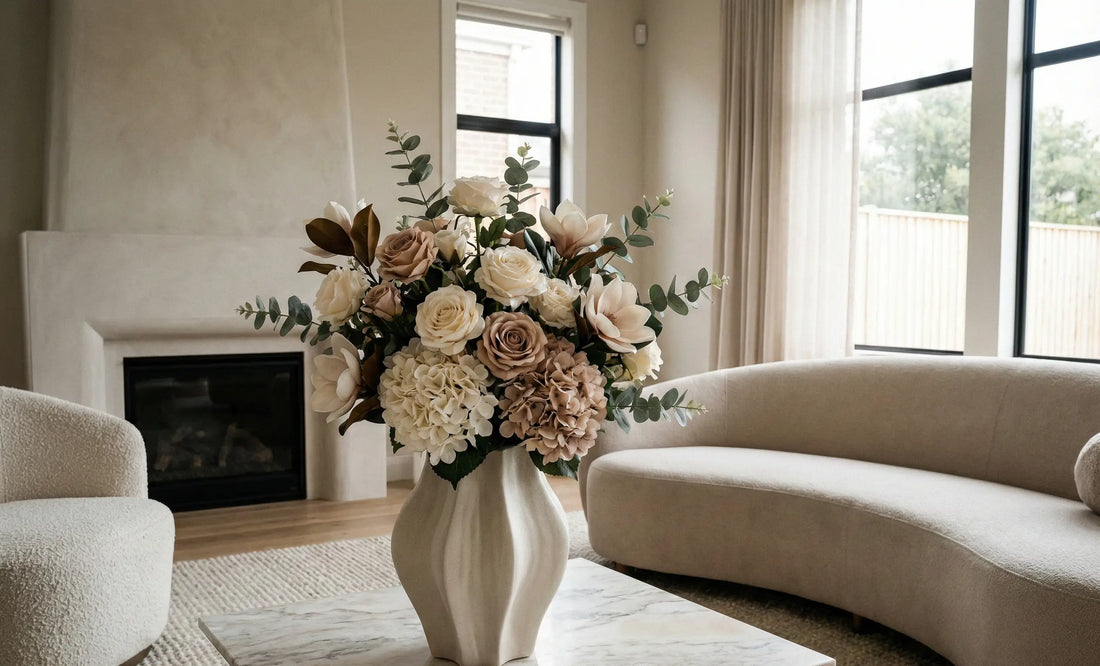 Luxe beige en crèmekleurige bloemen in een elegante vaas op een marmeren tafel, geplaatst in een stijlvol ingerichte woonkamer met zachte, neutrale tinten.