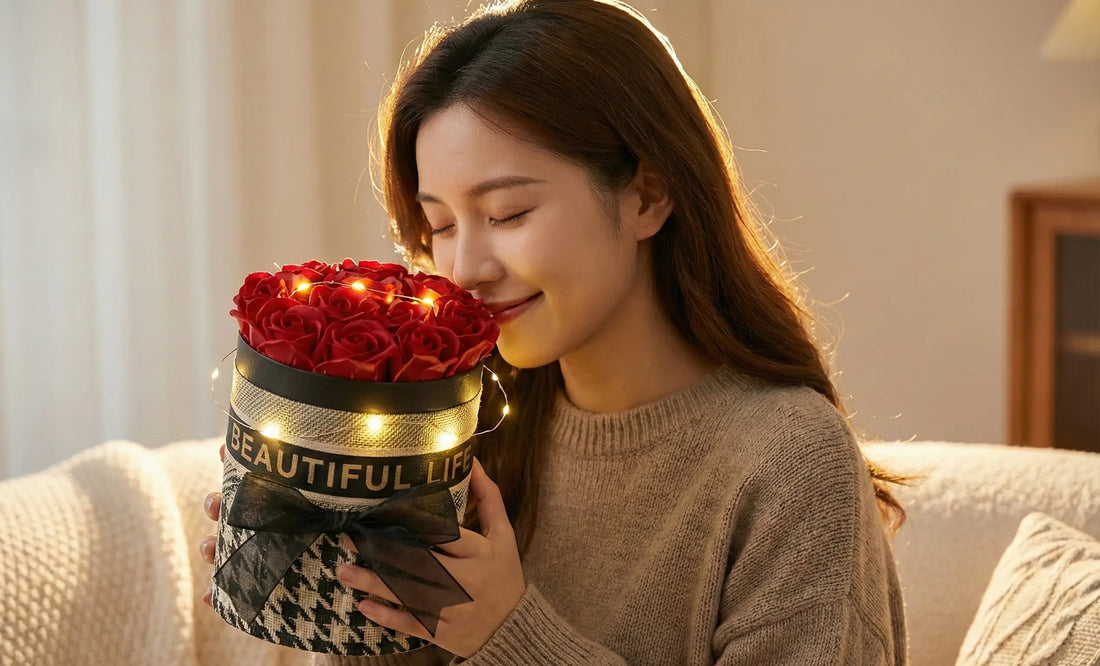 Vrouw ruikt aan een bloemenarrangement met rode rozen en warme sfeerverlichting in een decoratieve doos met de tekst "Beautiful Life".