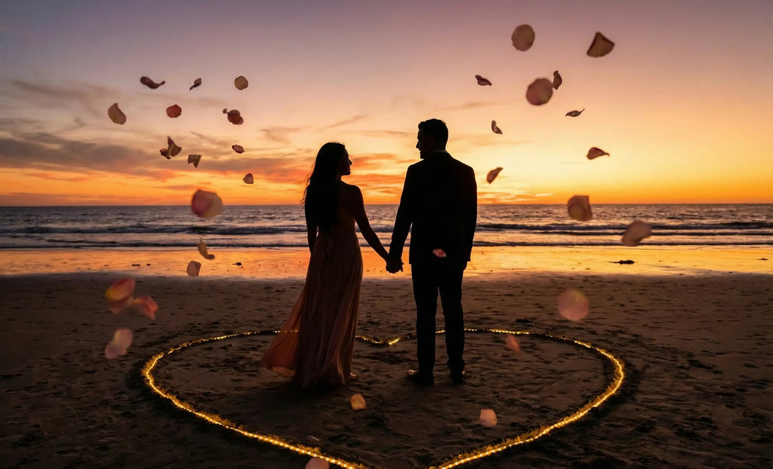 Romantisch stel hand in hand op het strand bij zonsondergang, omringd door vallende rozenblaadjes en een verlicht hart in het zand – perfect moment vastgelegd.