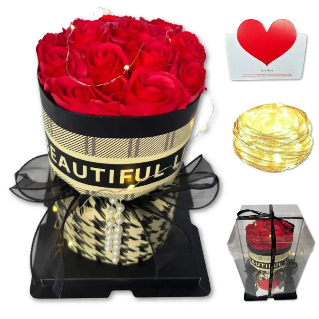 Rozen Boeket met rode eeuwige rozen en subtiele LED-verlichting in luxe geschenkdoos