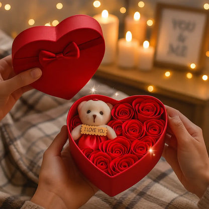 Geschenkdoos Hartvormig – Met Teddybeer en Eeuwige Rozen – 20 cm