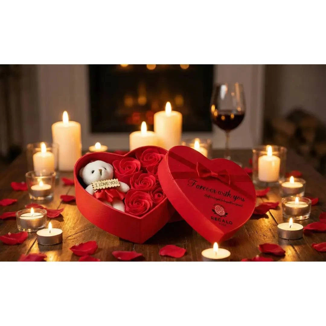Hartschalige Geschenkbox – mit Teddybär und ewigen Rosen – 20 cm