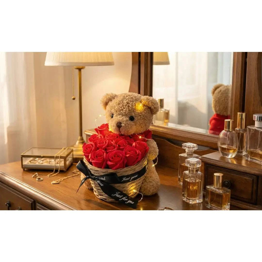 Teddy ayı ve Sonsuz Güller Hediye Sepeti – 25 cm – Romantik Hediye