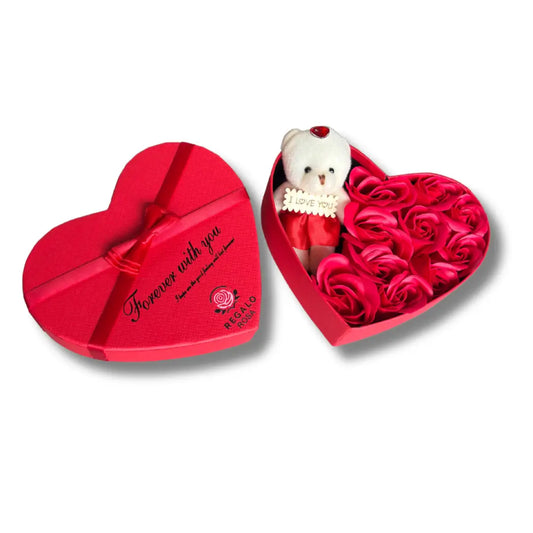 Geschenkdoos Hartvormig – Met Teddybeer en Eeuwige Rozen – 20 cm